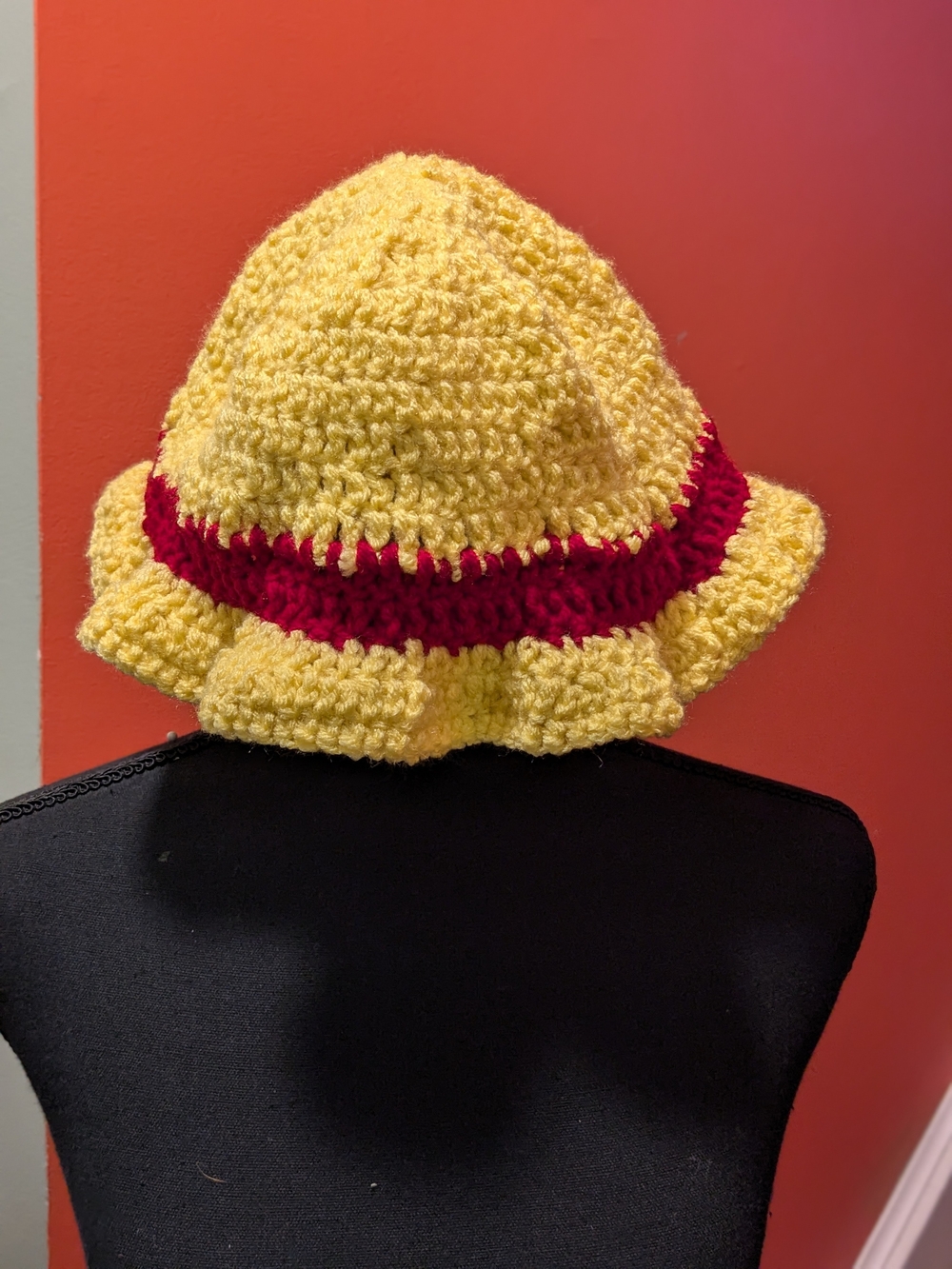 One Piece Luffy Hat Hand-Crocheted Yellow Bucket Hat with Pink Band